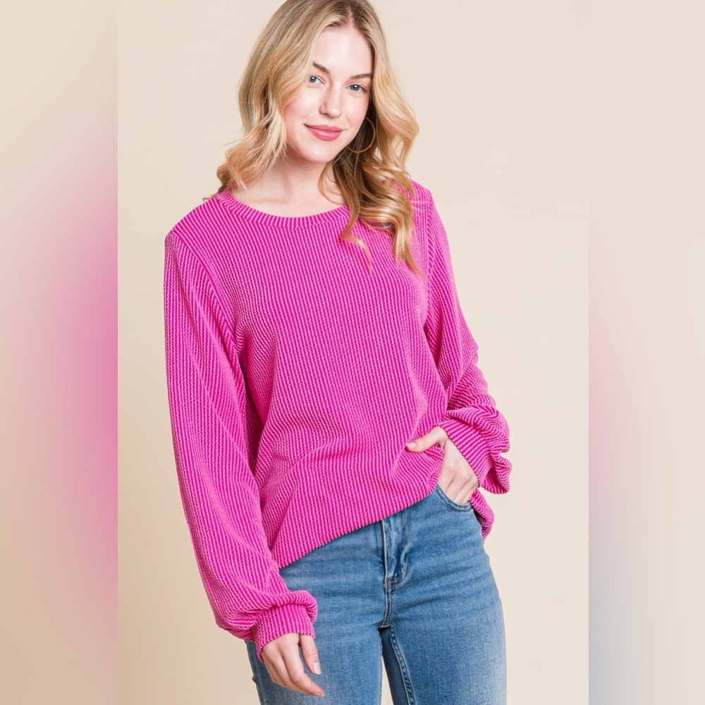BOMBOM Long Sleeve Curved Hem Ribbed T-Shirt